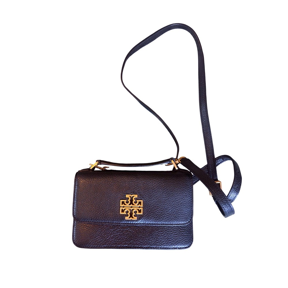 Tory Burch Britten Combo Crossbody Bag Black Pebbled Leather Gold Logo Clutch